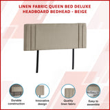Linen Fabric Queen Bed Deluxe Headboard Bedhead - Beige - Front View