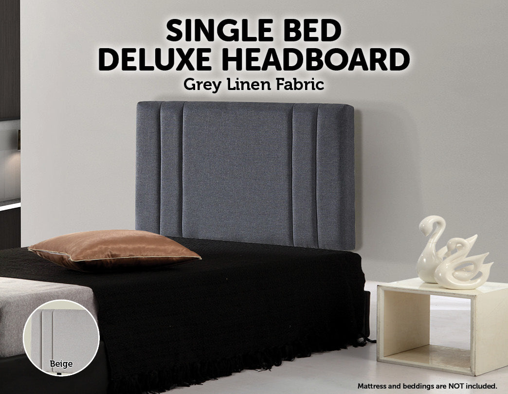 Linen Fabric Single Bed Deluxe Headboard Bedhead - Grey