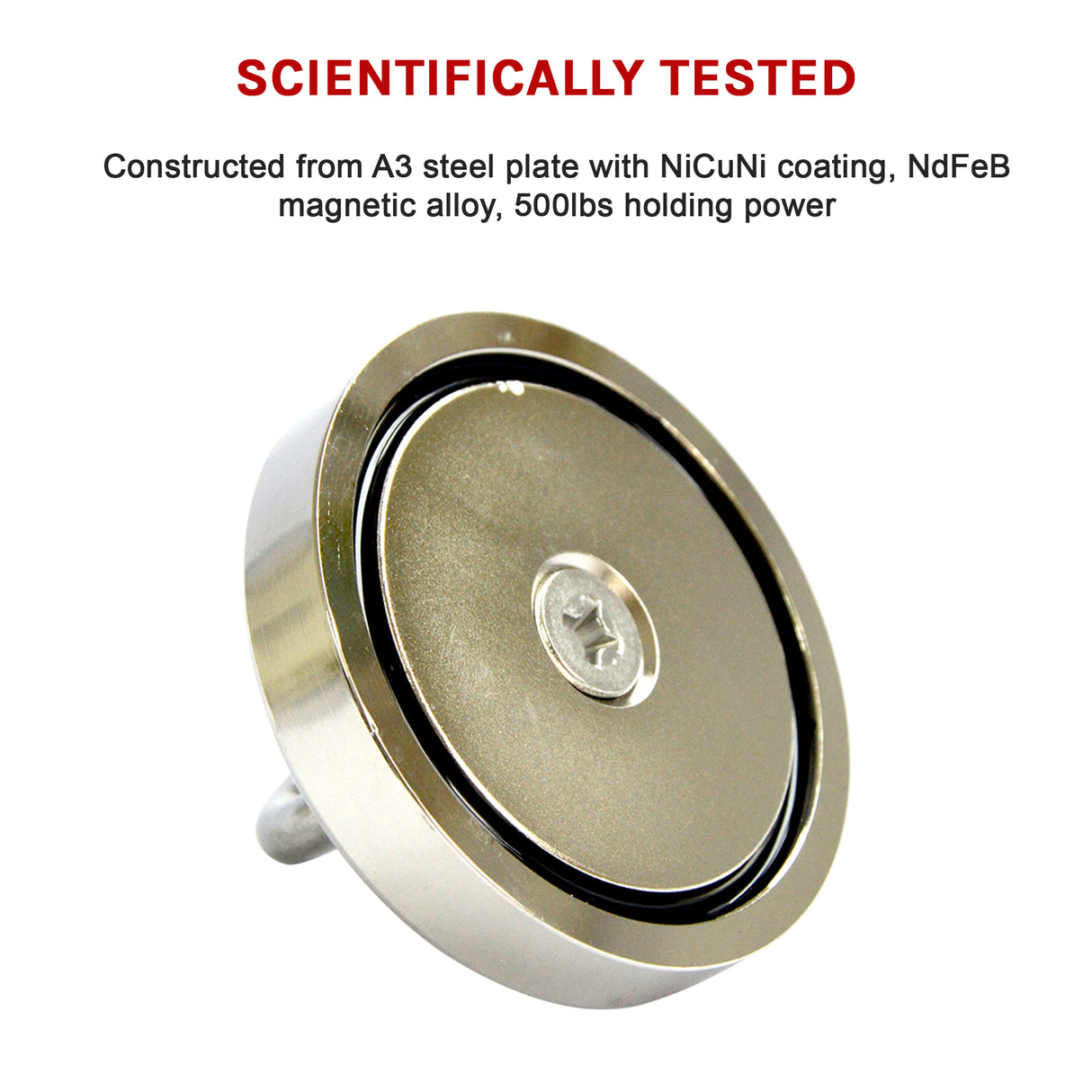 Round Neodymium Fishing Magnet with Countersunk Hole and Eyebolt, 500 LBS pull