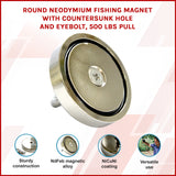 Round Neodymium Fishing Magnet with Countersunk Hole and Eyebolt, 500 LBS pull - Front View