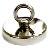 Round Neodymium Fishing Magnet with Countersunk Hole and Eyebolt, 500 LBS pull - Close-Up Angle