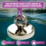 Round Neodymium Fishing Magnet with Countersunk Hole and Eyebolt, 500 LBS pull - Extra Image