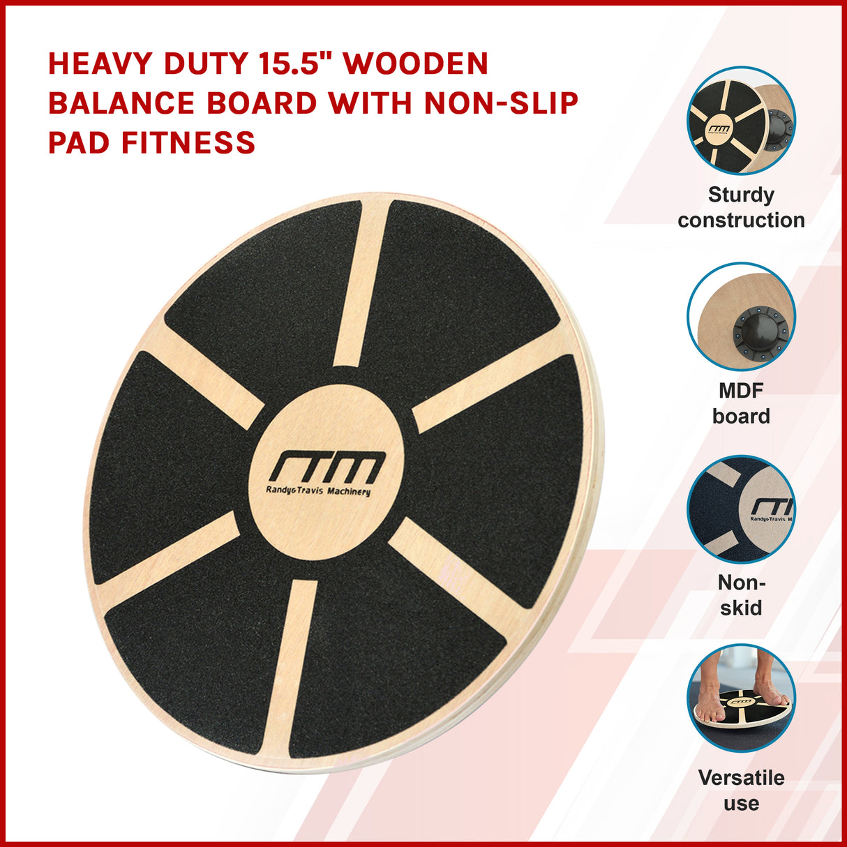 Heavy Duty 15.5" Wooden Balance Board with Non-Slip Pad for Fitness Training