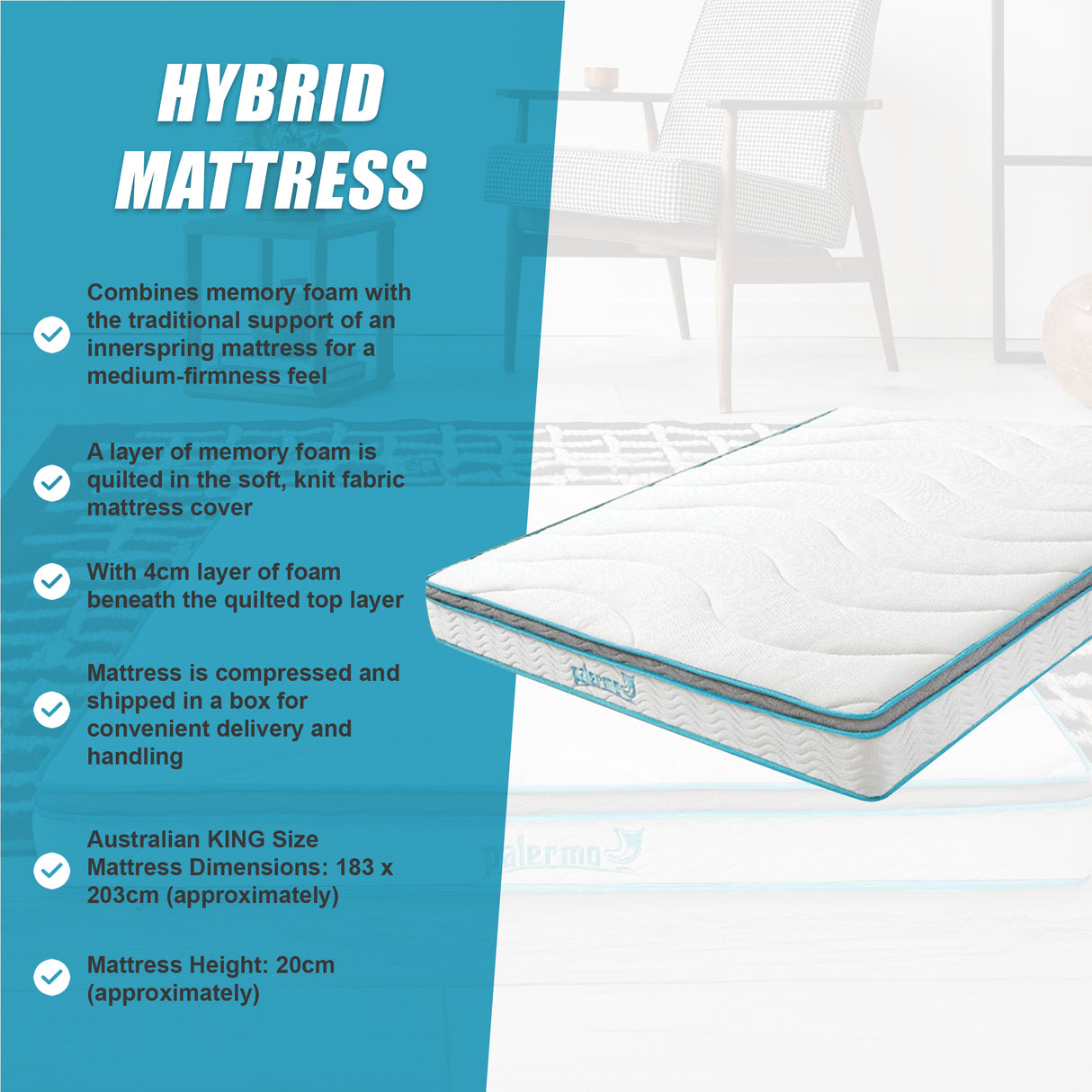 King 20cm Hybrid Mattress &ndash; Memory Foam and Innerspring Support