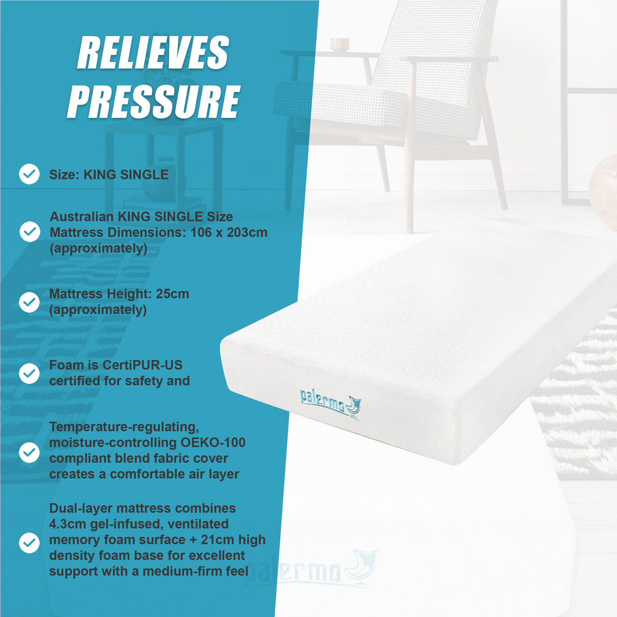 King Single 25cm Gel Memory Foam Mattress &ndash; Dual-Layered Comfort with CertiPUR-US&reg; Certified Foam