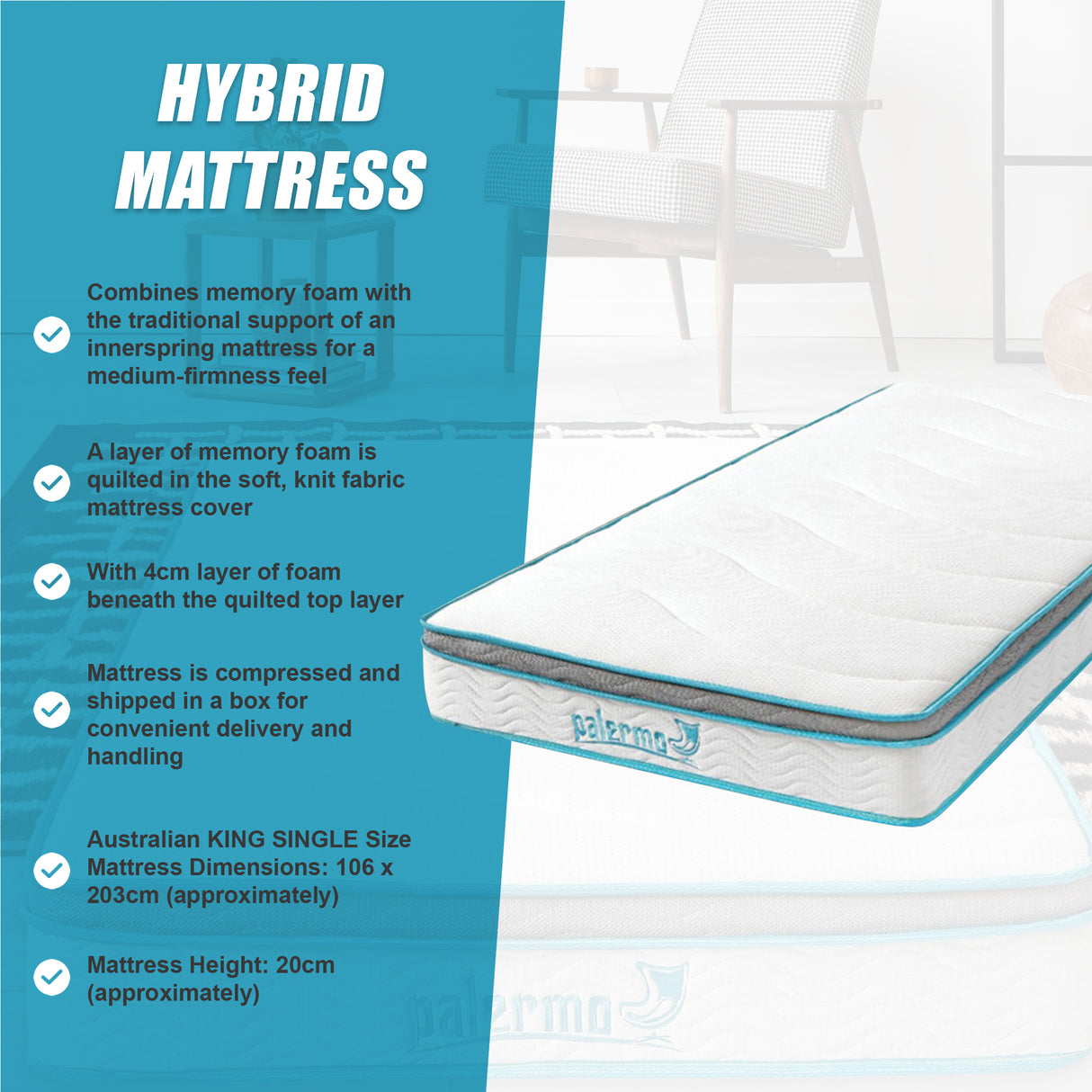 King Single 20cm Hybrid Mattress &ndash; Memory Foam and Innerspring Support