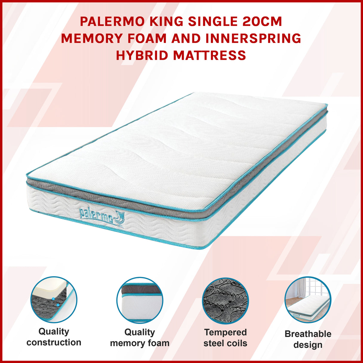 King Single 20cm Hybrid Mattress &ndash; Memory Foam and Innerspring Support