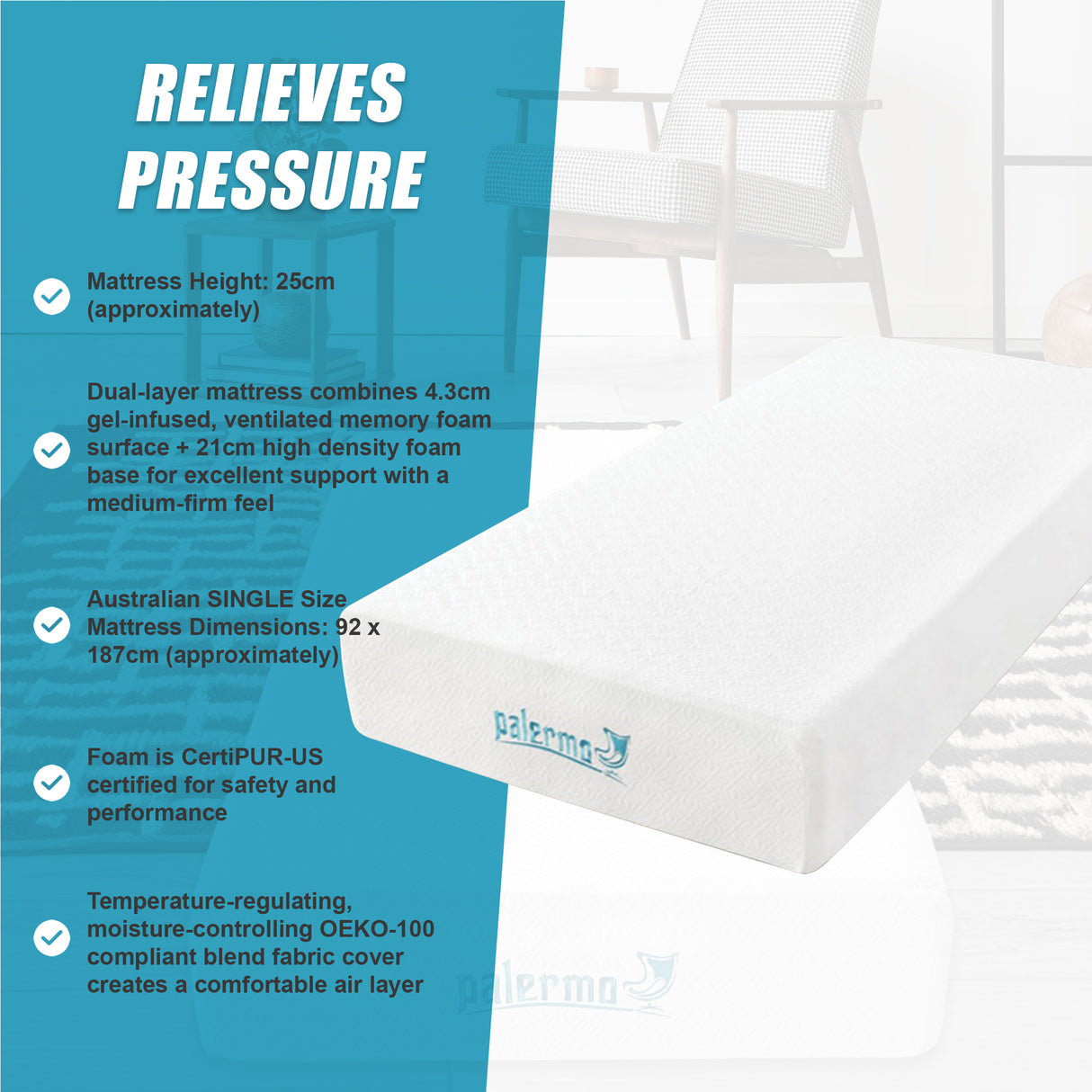 Single 25cm Gel Memory Foam Mattress &ndash; Dual-Layered Comfort with CertiPUR-US&reg; Certified Foam