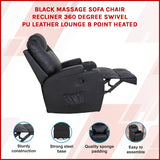Black Massage Sofa Chair Recliner 360 Degree Swivel PU Leather Lounge 8 Point Heated - Front View