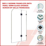 900 x 1450mm Frameless Bath Panel 10mm Glass Shower Screen By Della Francesca - Front View