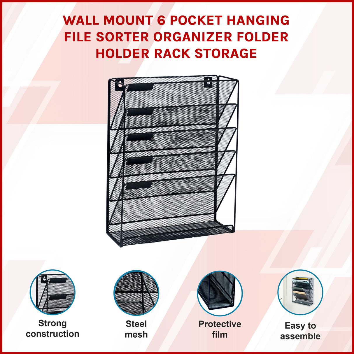 Wall Mount 6 Pocket Hanging File Sorter Organizer Folder Holder Rack Storage