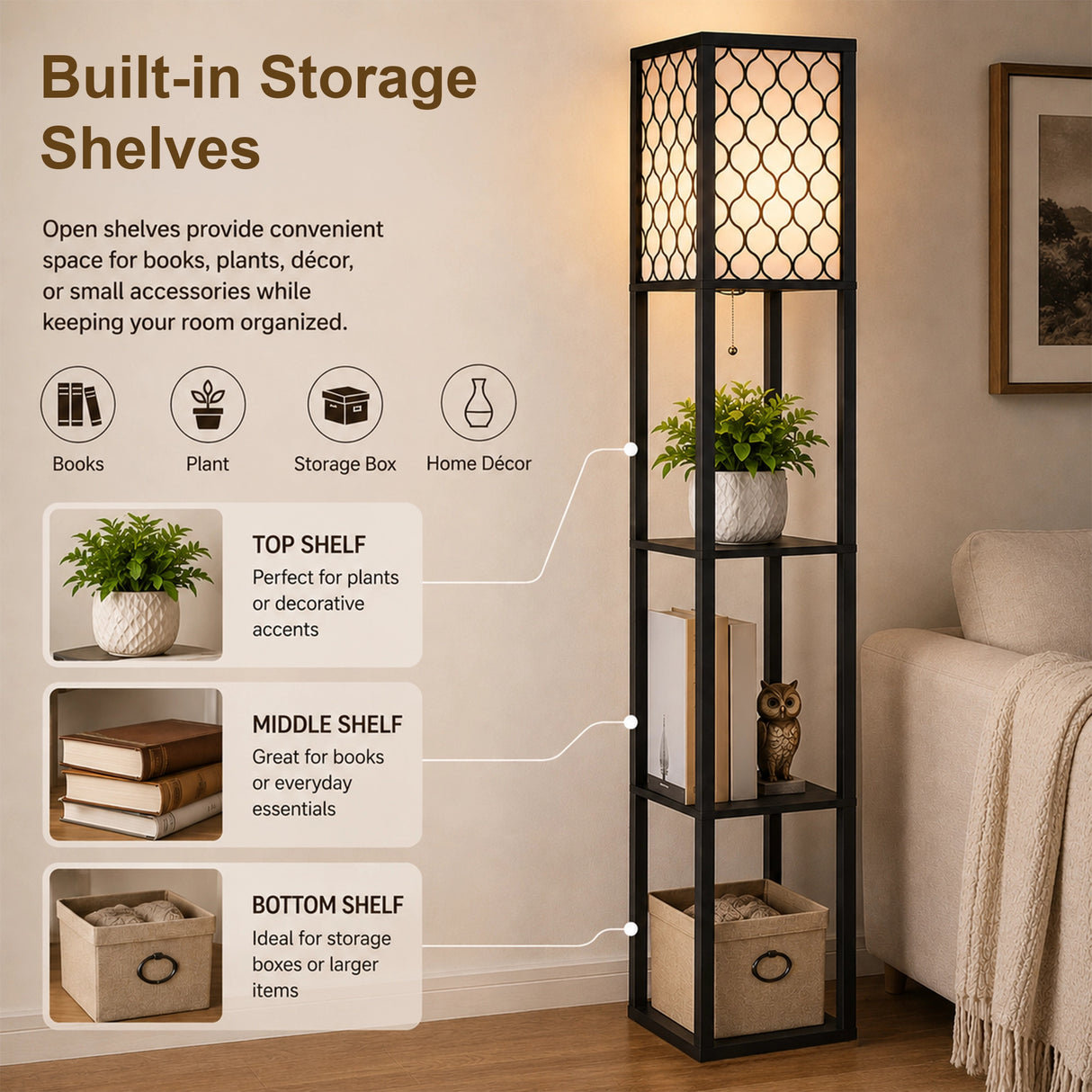 Shelf Floor Lamp - Shade Diffused Light Source with Open-Box Shelves