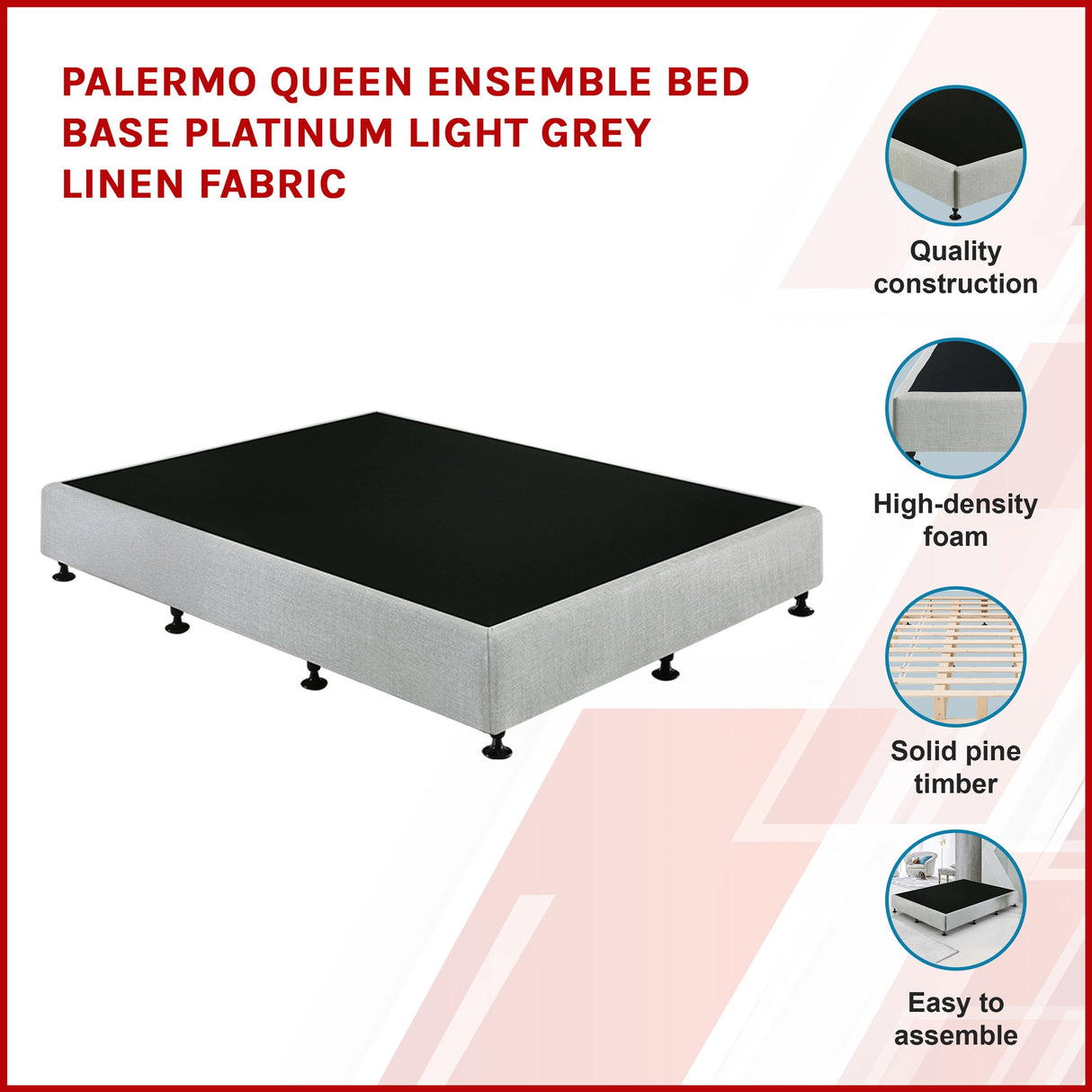 Palermo Queen Ensemble Bed Base Platinum Light Grey Linen Fabric