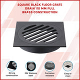 Square Black Floor Grate Drain 110 mm Full Brass Construction - Front View