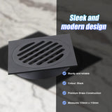Square Black Floor Grate Drain 110 mm Full Brass Construction - Low Angle