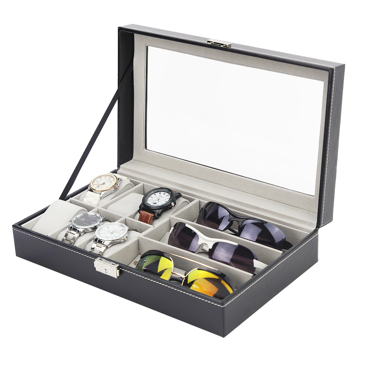 6+3 Grid Watch Sunglass Eyeglasses Display Box Case Storage Organizer PU Leather