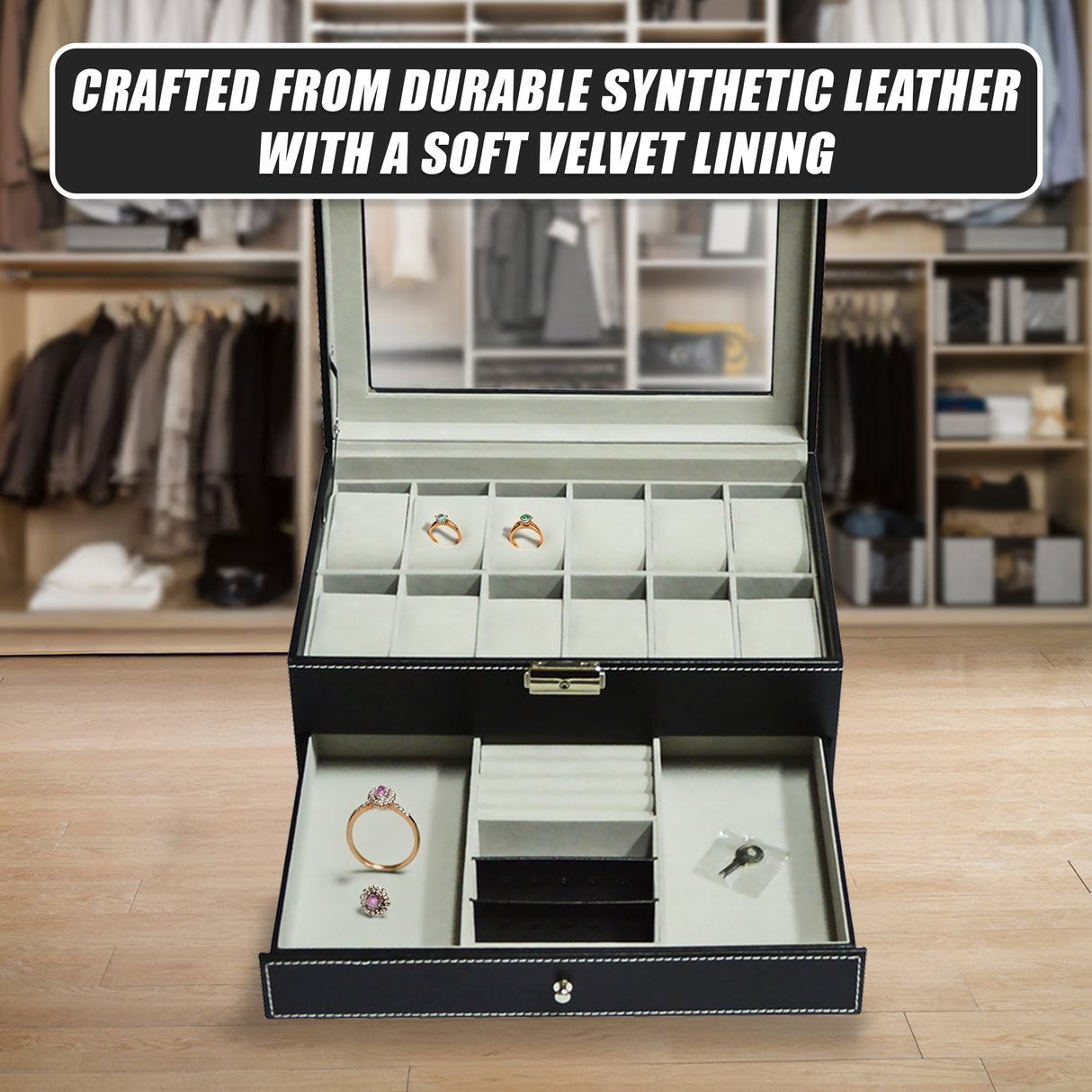 12 Grids Watch Display Case Leather jewellery Storage Box Organiser Lock Key