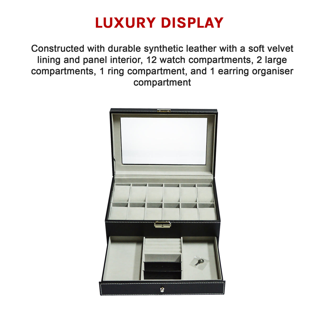12 Grids Watch Display Case Leather jewellery Storage Box Organiser Lock Key