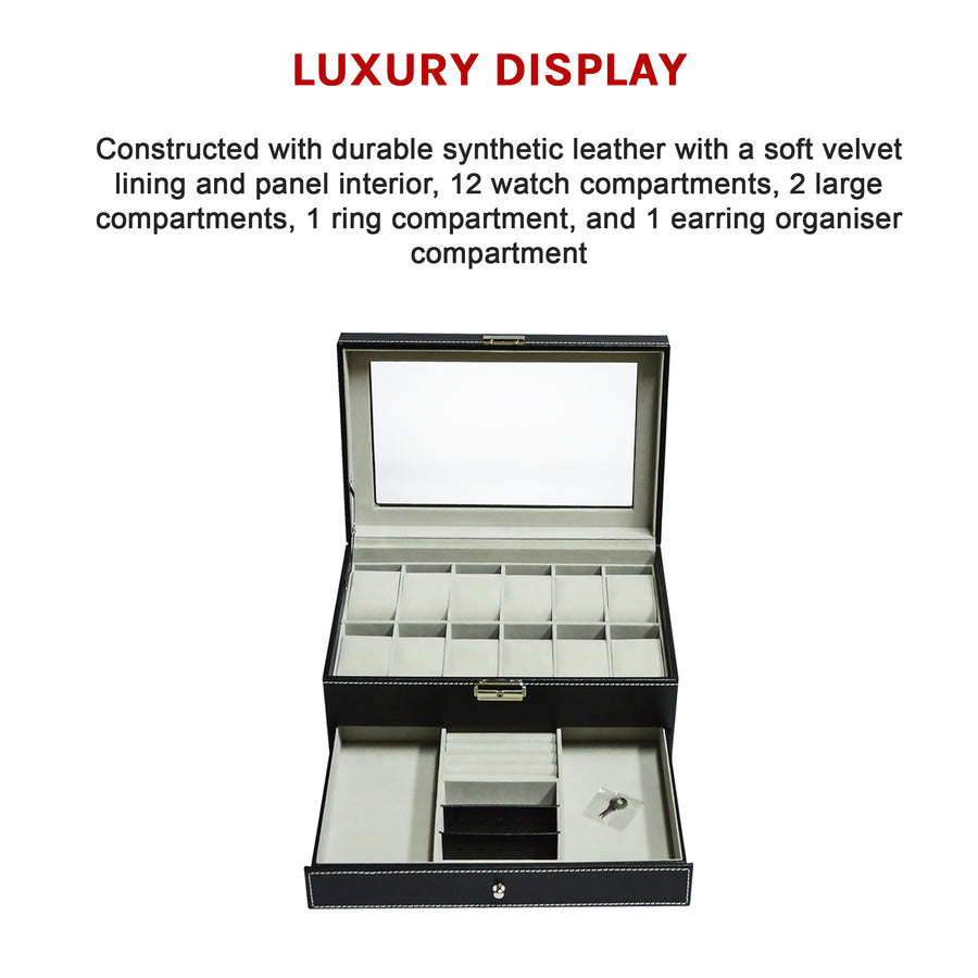 12 Grids Watch Display Case Leather jewellery Storage Box Organiser Lock Key