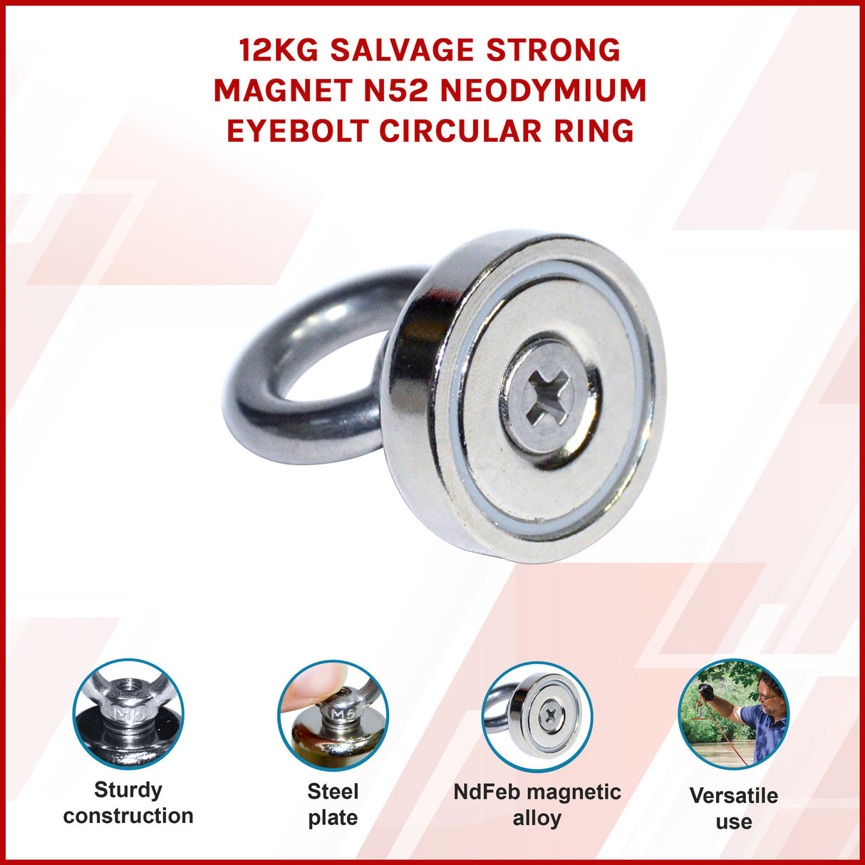 12Kg SALVAGE Strong MAGNET N52 Neodymium Eyebolt Circular Ring