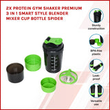 2x Protein Shaker Bottle Set &ndash; 3-in-1 Smart Blender Mixer Cup for Gym & Fitness - Front View