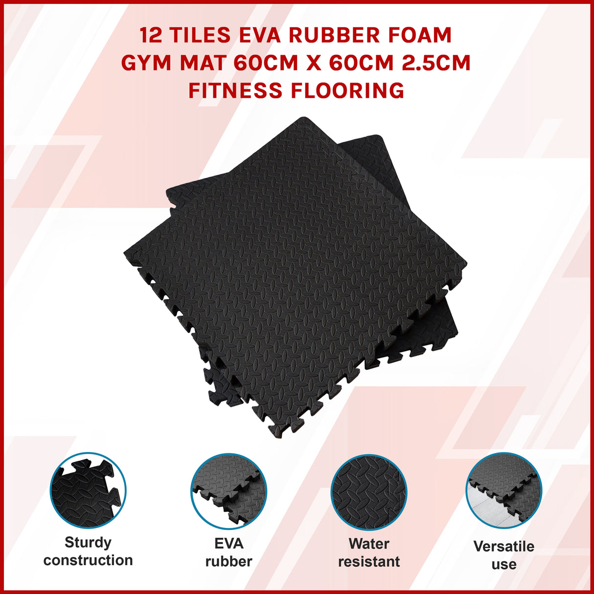 12 Tiles EVA Rubber Foam Gym Mat 60x60cm &ndash; 2.5cm Thick Fitness Flooring Set