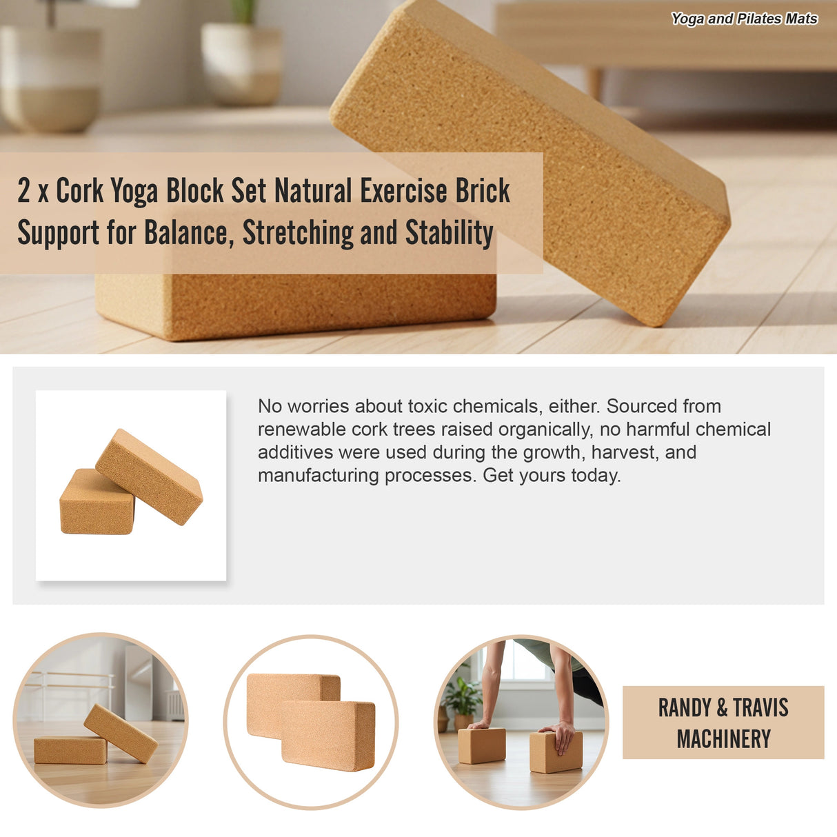 2 x Cork Yoga Block Organic Yoga Prop Accessory Exercise Brick