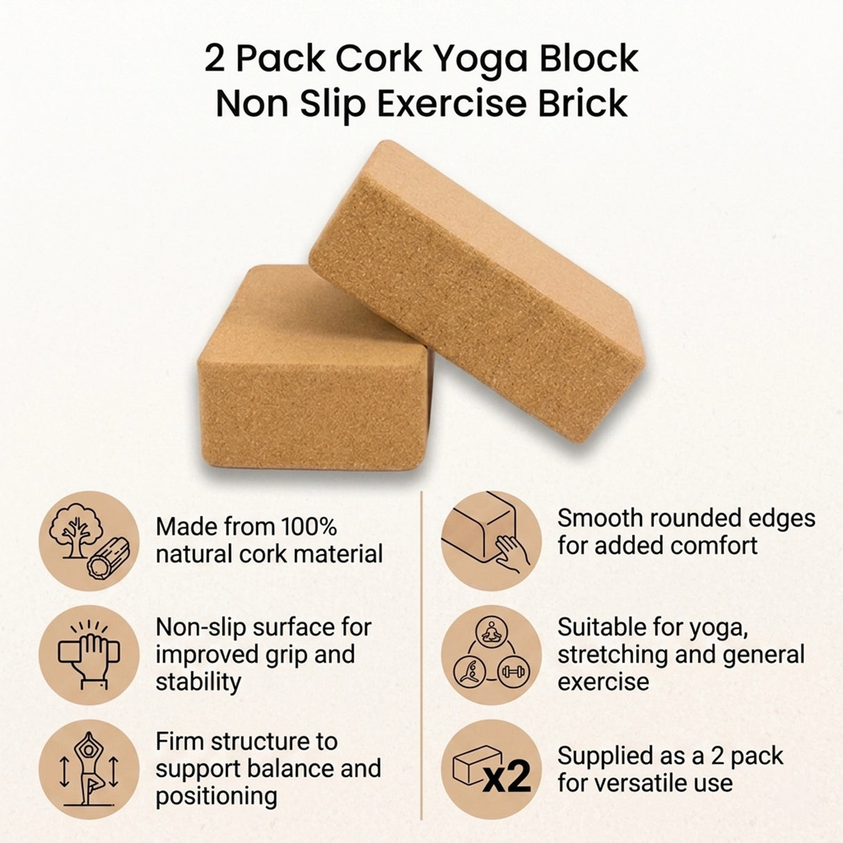 2 x Cork Yoga Block Organic Yoga Prop Accessory Exercise Brick