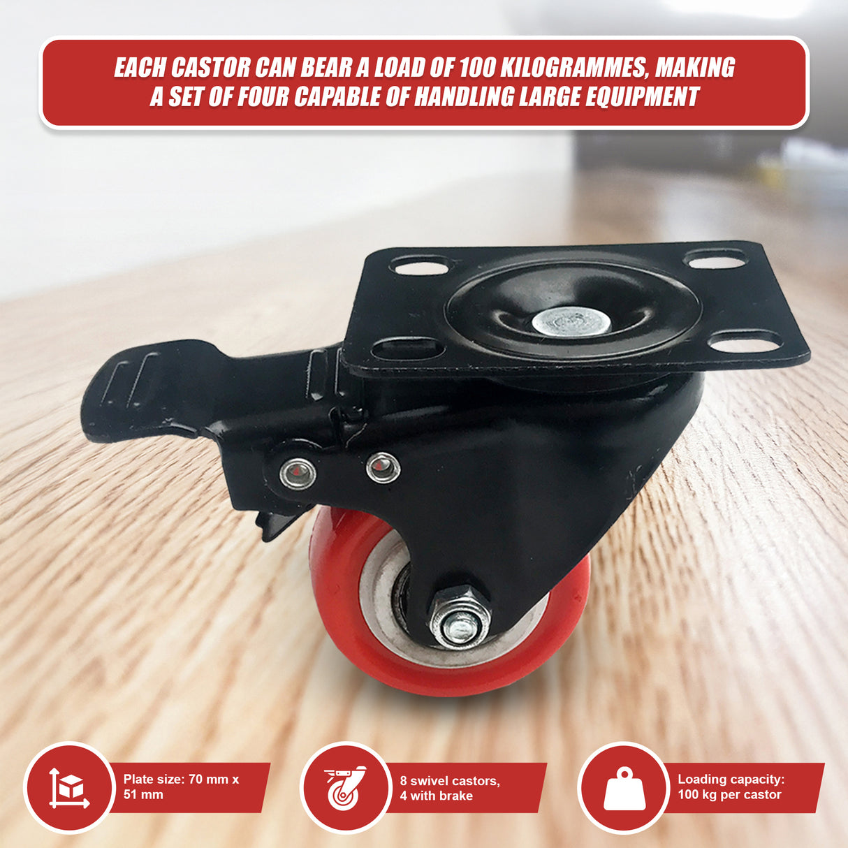 8 x 2" Polyurethane Castor Wheels - Swivel and 4 with brake