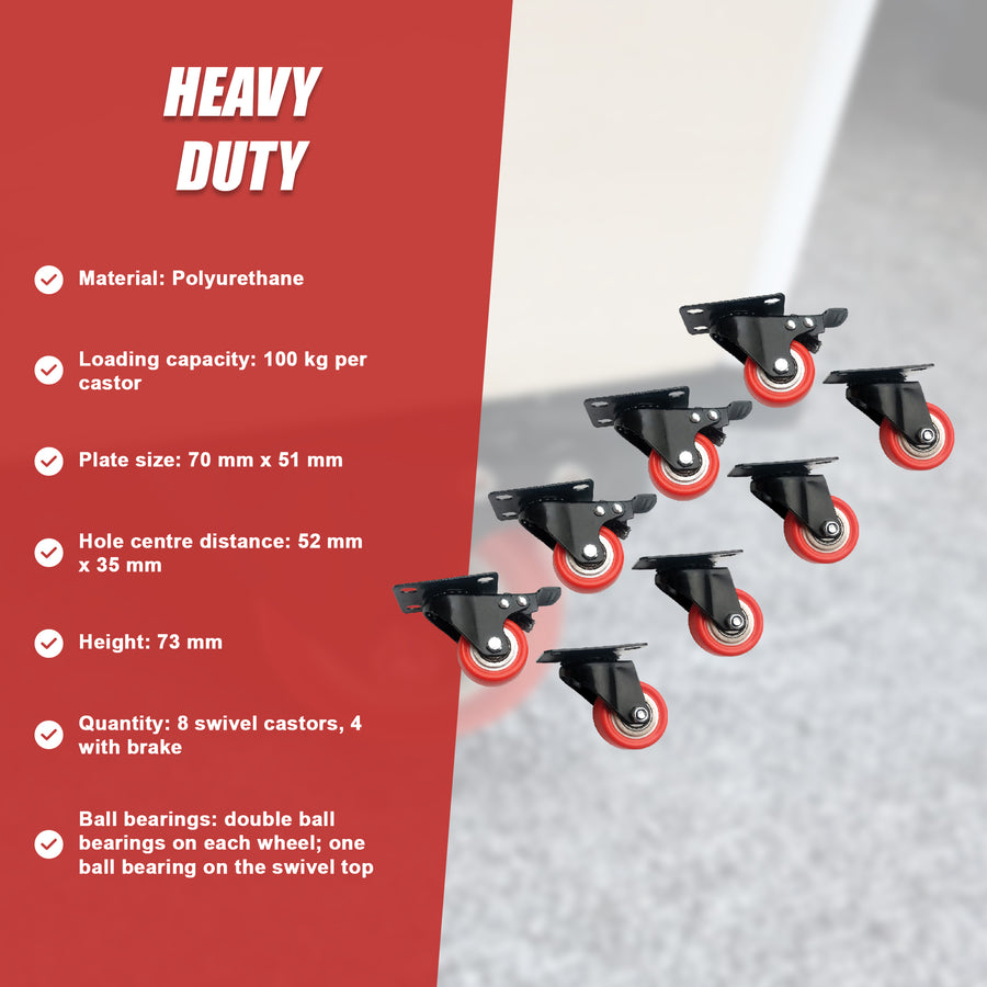 8 x 2" Polyurethane Castor Wheels - Swivel and 4 with brake