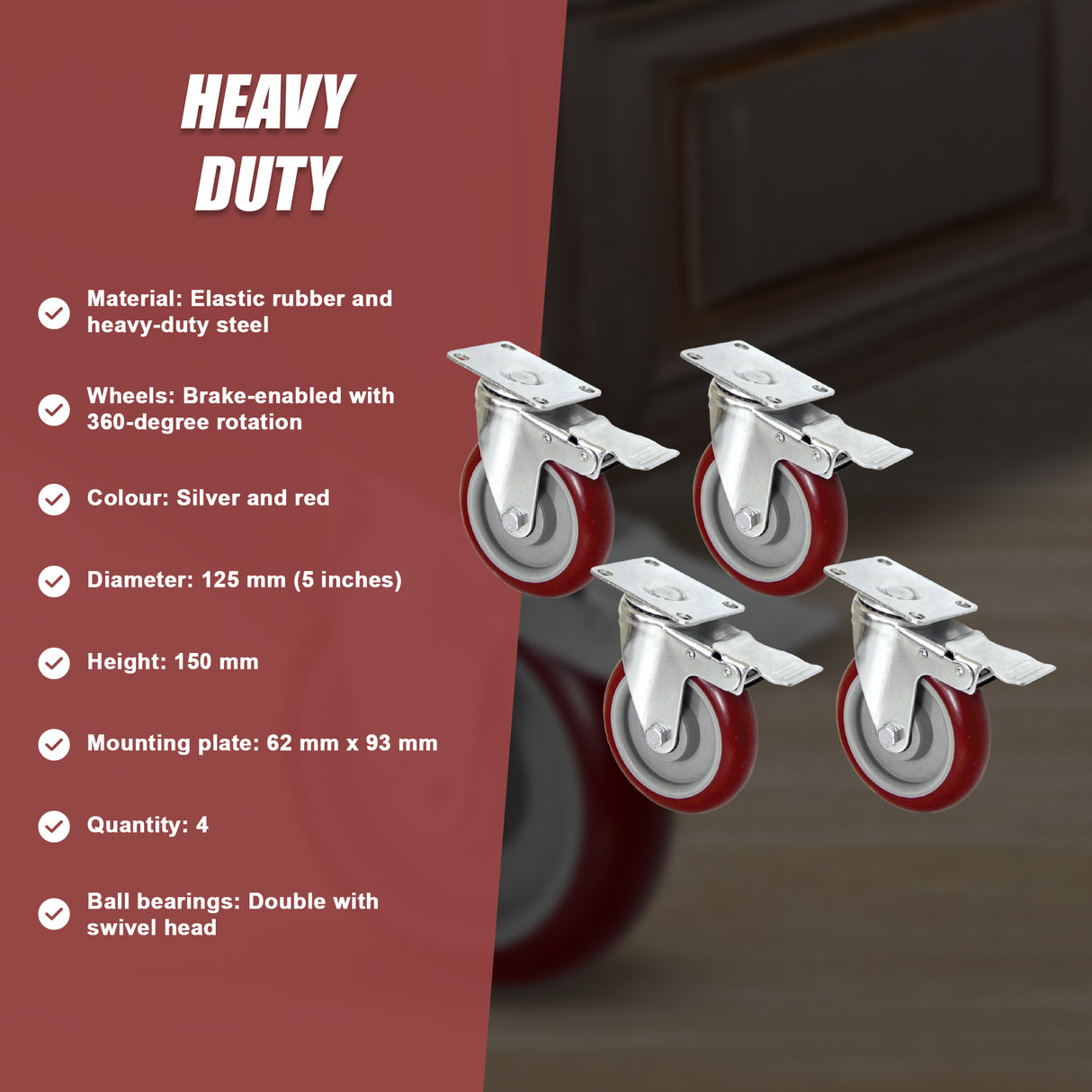 4 X 5" Heavy Duty 400kg Swivel Castor Wheels Trolley Furniture Caster All Brake