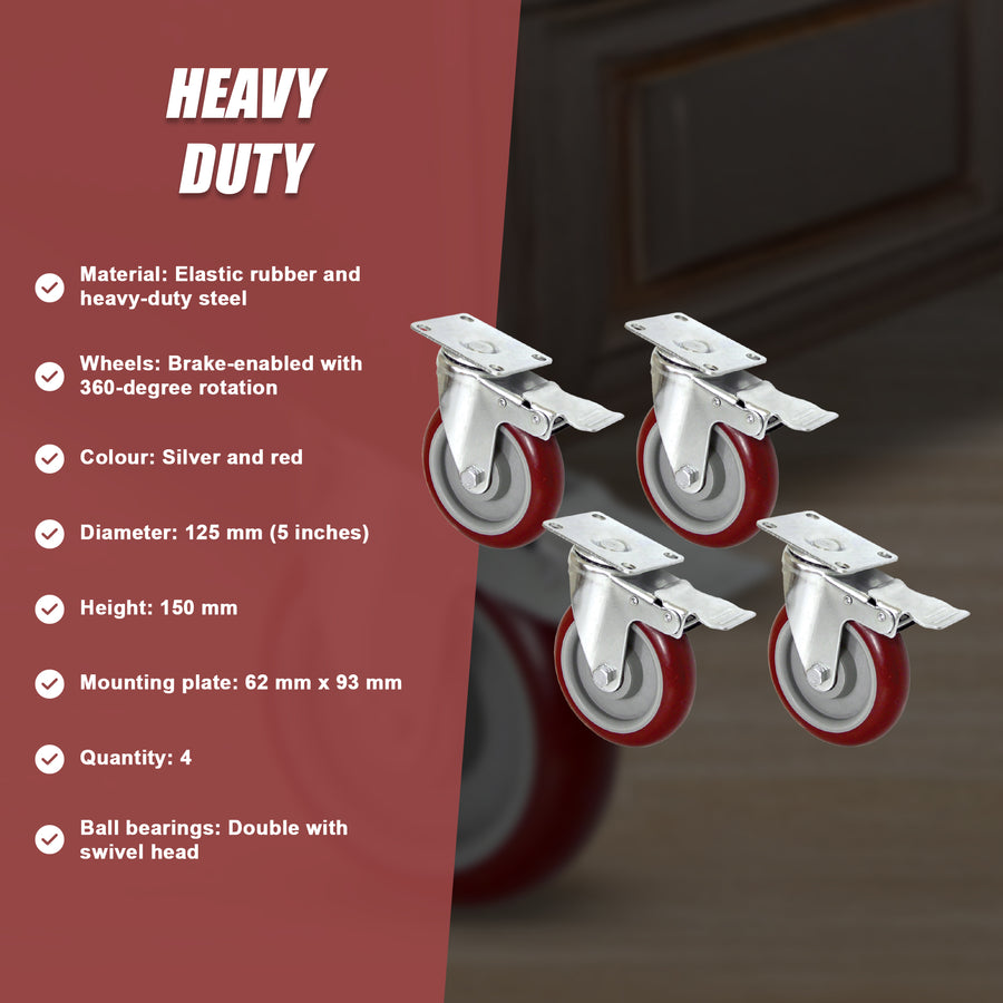4 X 5" Heavy Duty 400kg Swivel Castor Wheels Trolley Furniture Caster All Brake