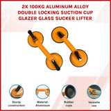 2x 100kg Aluminum Alloy Double Locking Suction Cup Glazer Glass Sucker Lifter - Front View