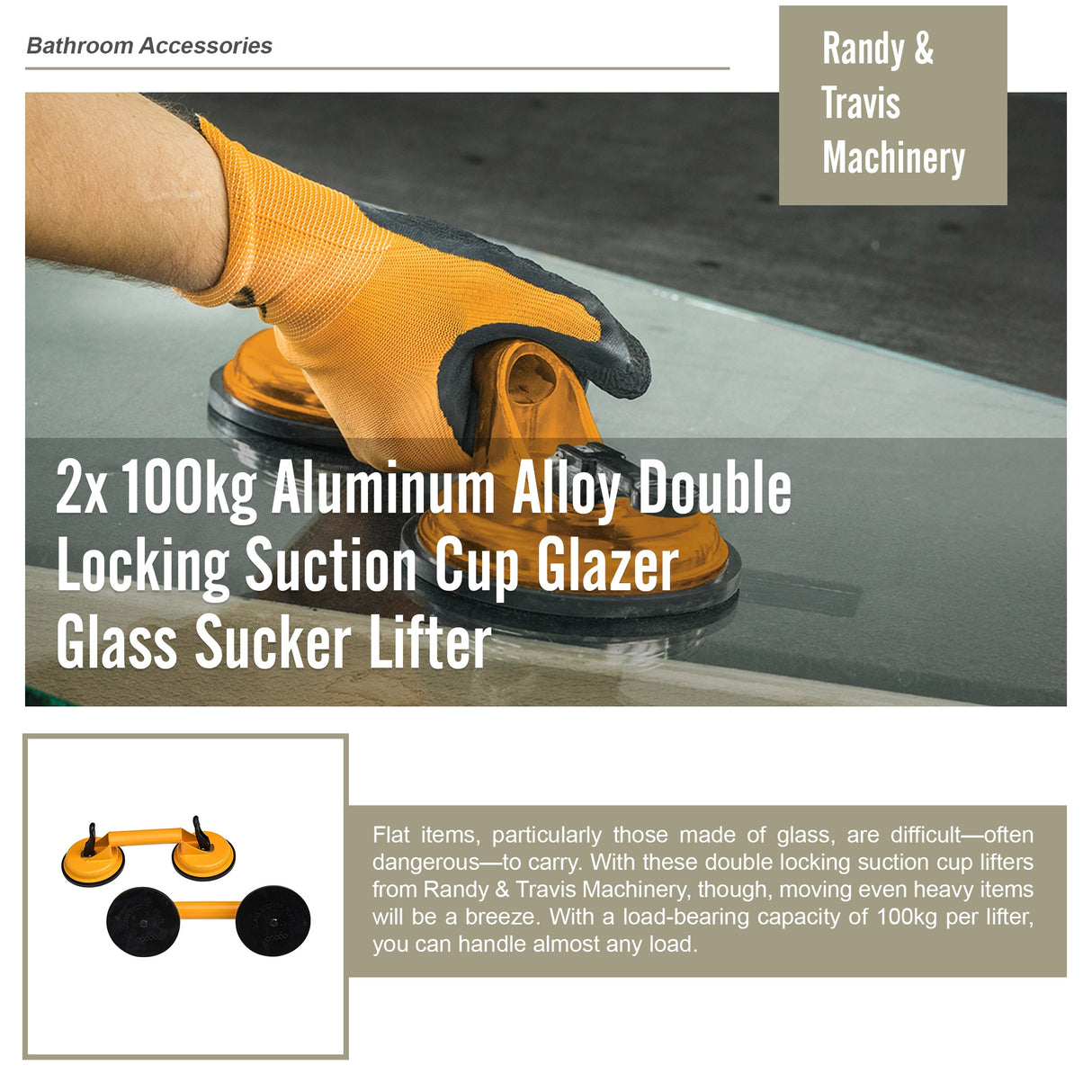 2x 100kg Aluminum Alloy Double Locking Suction Cup Glazer Glass Sucker Lifter