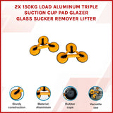 2x 150kg Load Aluminum Triple Suction Cup Pad Glazer Glass Sucker Remover Lifter - Front View