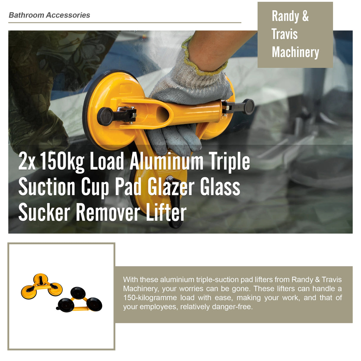 2x 150kg Load Aluminum Triple Suction Cup Pad Glazer Glass Sucker Remover Lifter