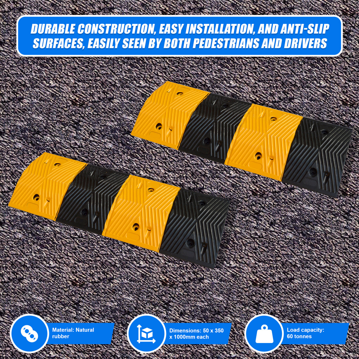 Pair of 1m Long 60T Load Rubber Speed Bump Hump Modular Speed Humps Road Hump