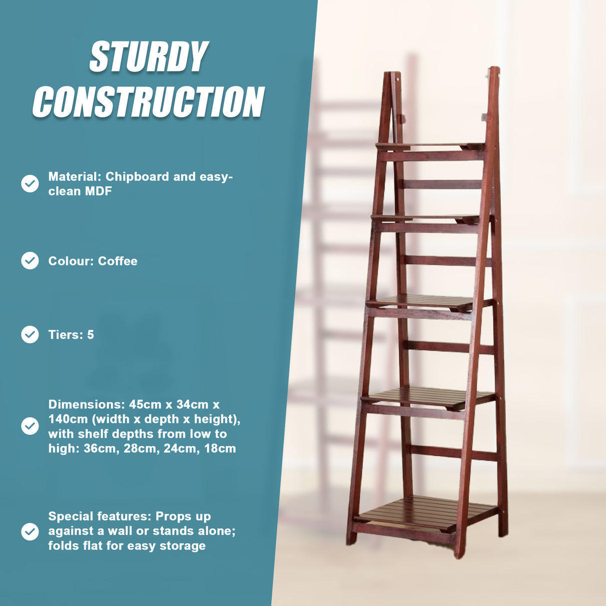 5 Tier Wooden Ladder Shelf Stand Storage Book Shelves Shelving Display Rack