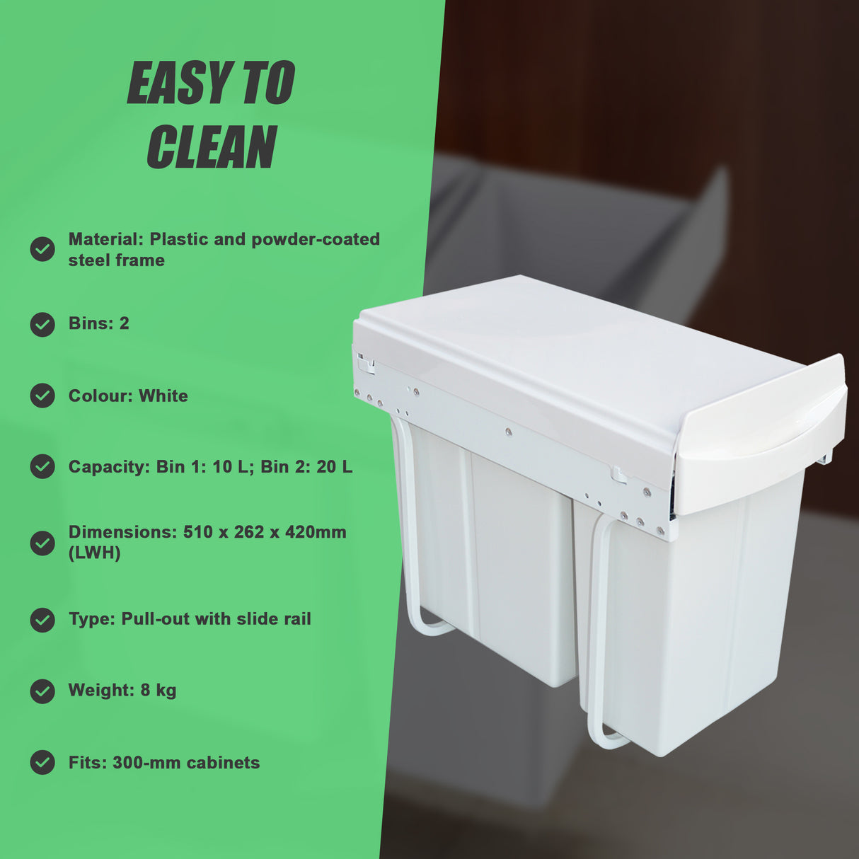 Pull Out Bin Kitchen Double Dual Slide Garbage Rubbish Waste 10L+20L