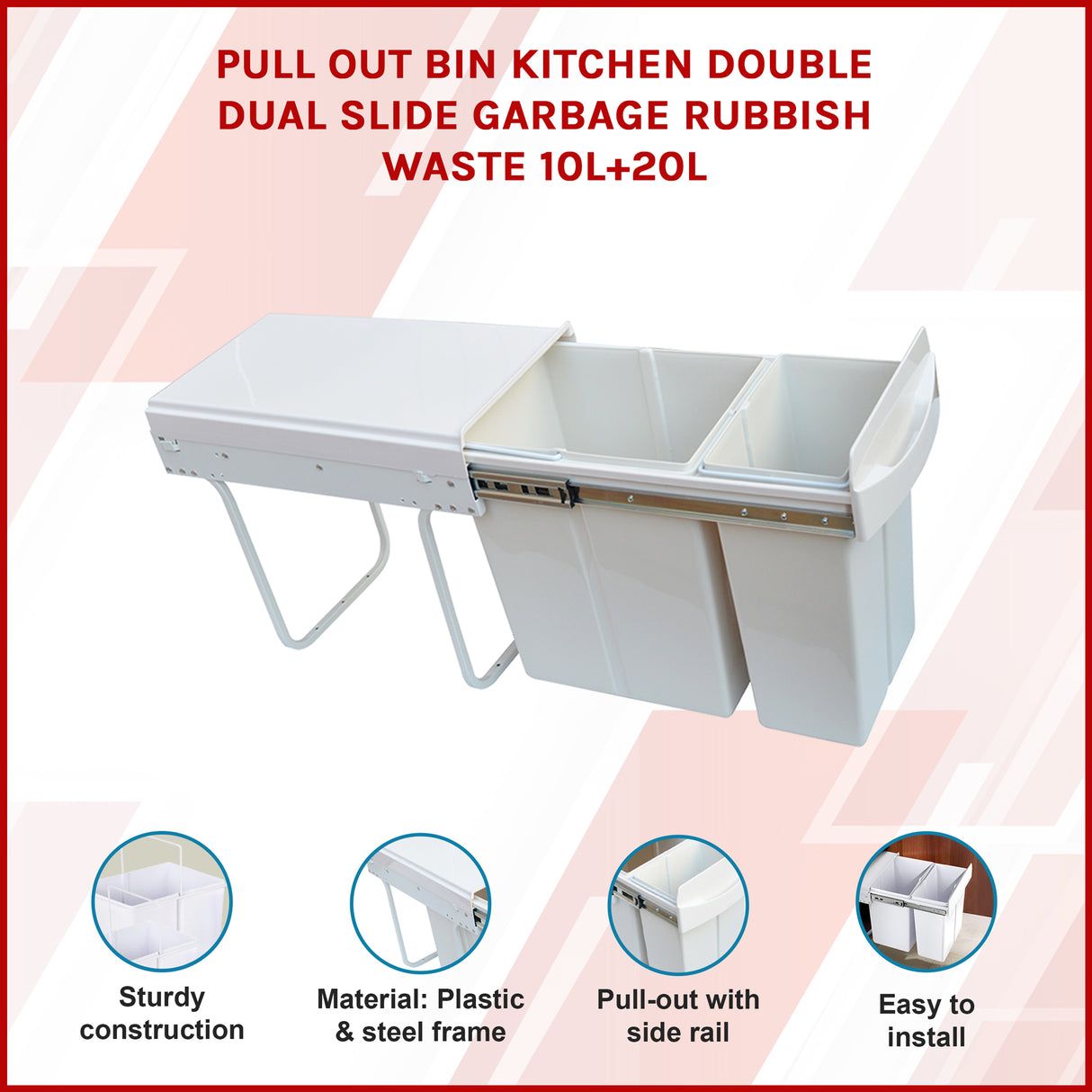 Pull Out Bin Kitchen Double Dual Slide Garbage Rubbish Waste 10L+20L