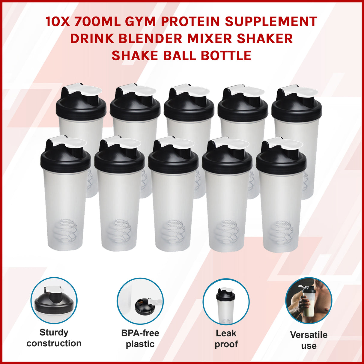 10x 700ml Protein Shaker Bottles &ndash; Gym Supplement Blender Mixer Shake Cups