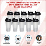 10x 700ml Protein Shaker Bottles &ndash; Gym Supplement Blender Mixer Shake Cups - Front View
