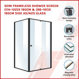 Semi Frameless Shower Screen (114~122)x 195cm & (98~101)x195cm Side AS/NZS Glass - Front View
