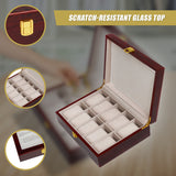 10 Grids Wooden Watch Case Glass Jewellery Storage Holder Box Wood Display - Close-Up Angle