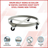 Drum Dolly 450kg 55 Gallon w Swivel Casters Heavy Duty Steel Frame Non Tipping - 45-Degree Angle