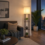 Shelf Floor Lamp - Shade Diffused Light Source with Open-Box Shelves - Close-Up Angle