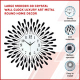 Large Modern 3D Crystal Wall Clock Luxury Art Metal Round Home Decor - Front View