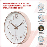 Modern Rose Gold Wall Clock &ndash; Silent Non-Ticking Quartz Battery Operated Design