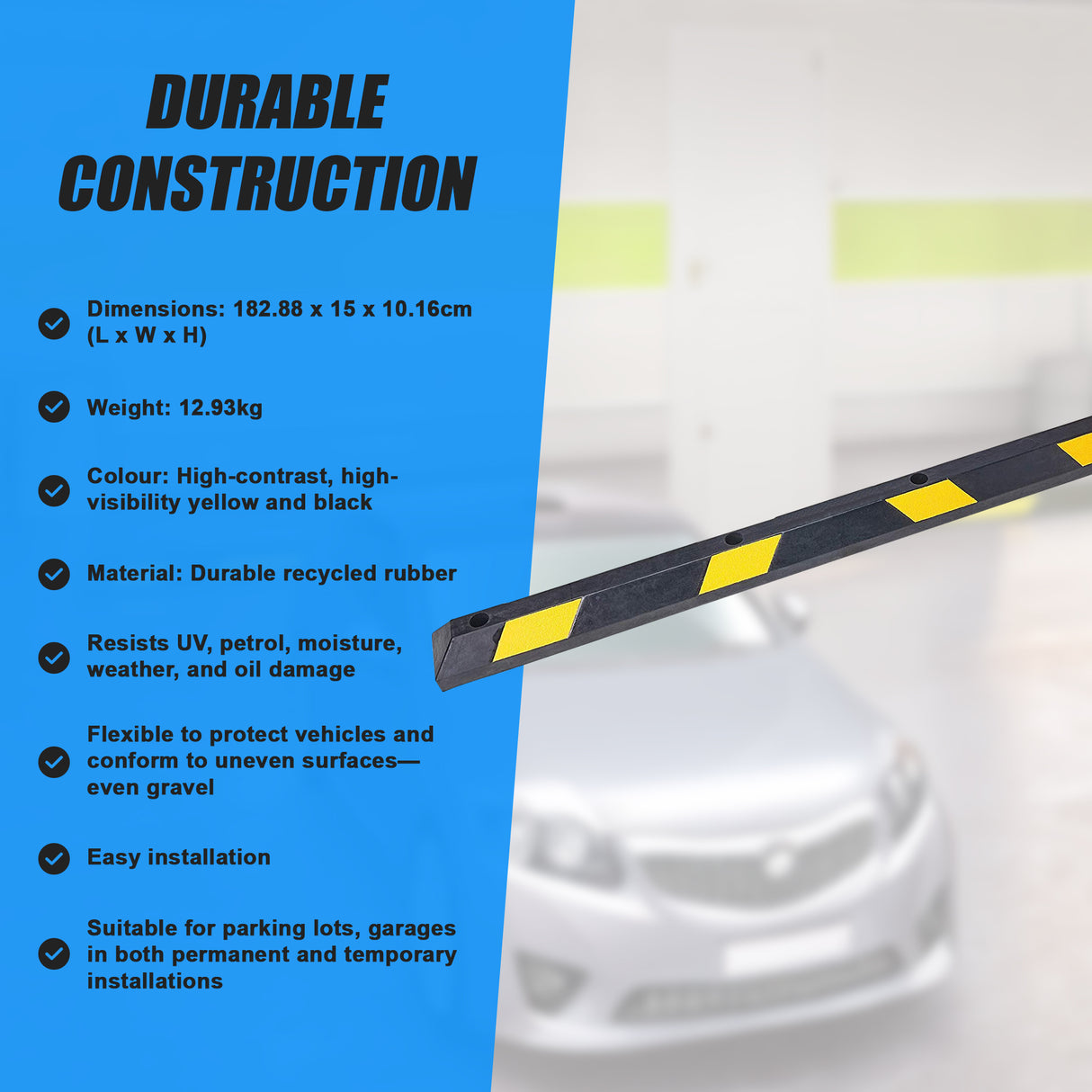 180cm Heavy Duty Rubber Curb Parking Guide Wheel Driveway Stopper Reflective Yellow