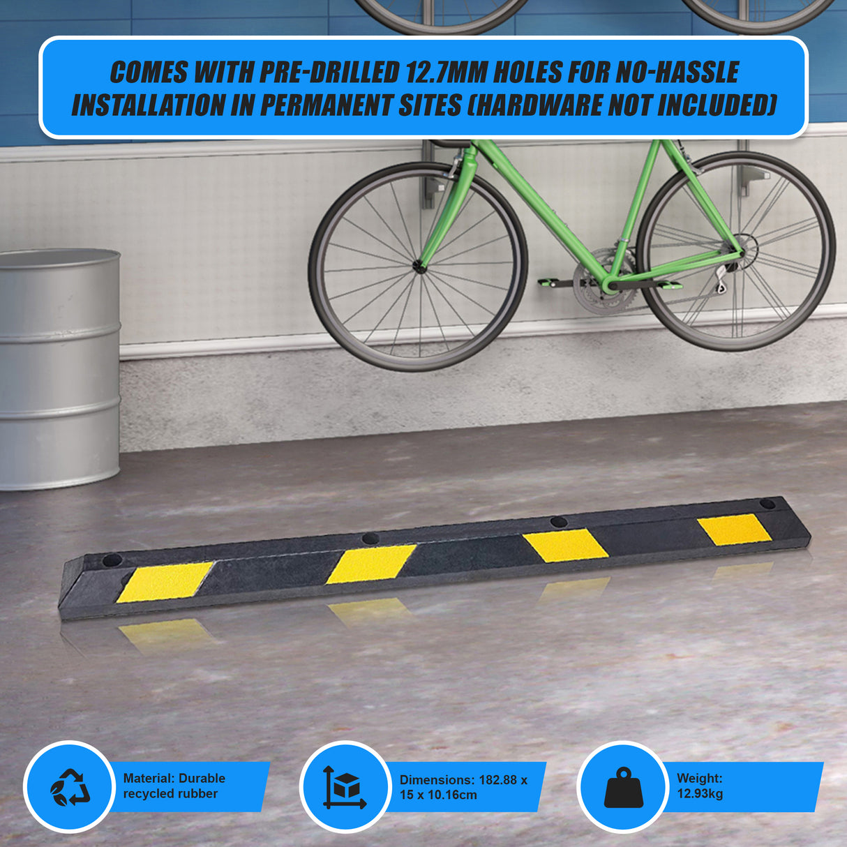 180cm Heavy Duty Rubber Curb Parking Guide Wheel Driveway Stopper Reflective Yellow